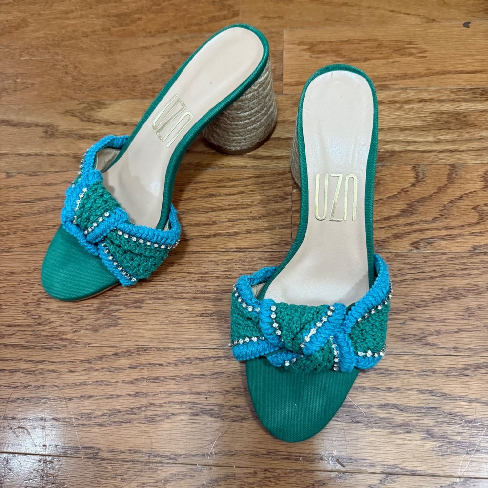 UZN Size‎ 9 Green Turquoise Crochet Rhinestone Embellished Espadrille Mules
